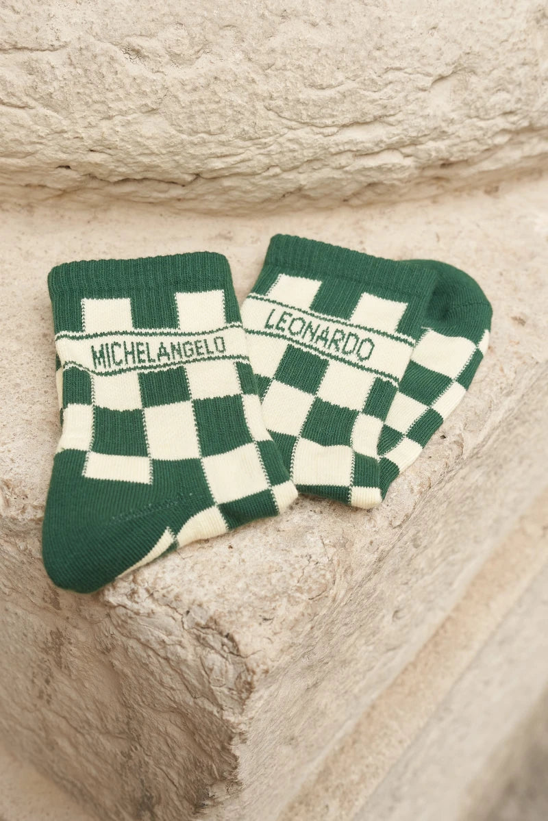 Chaussettes unisexes vert et écru - Damier - Image 2