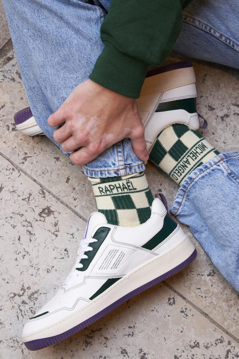 Chaussettes unisexes vert et écru - Damier - Image 3