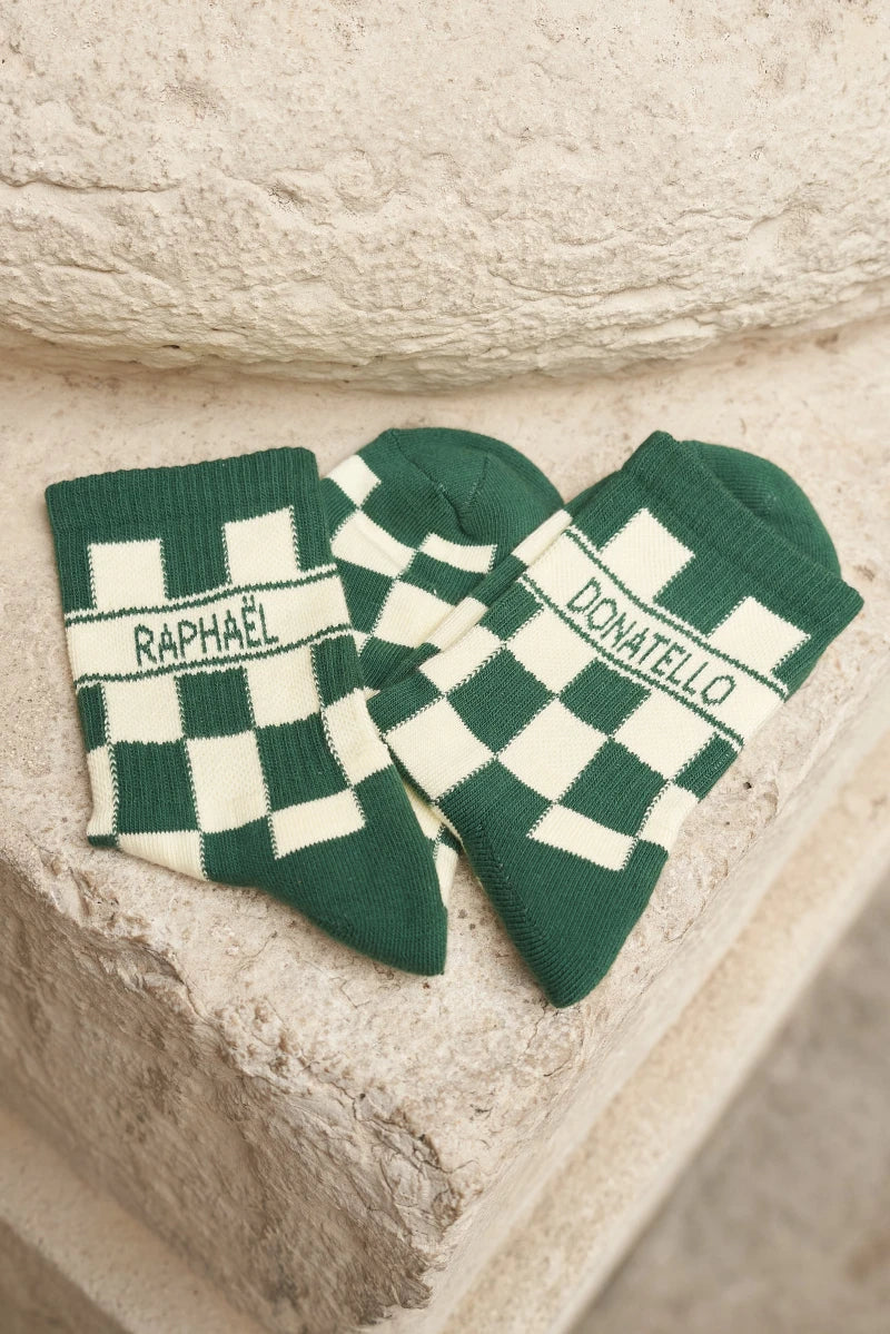 Chaussettes unisexes vert et écru - Damier - Image 4