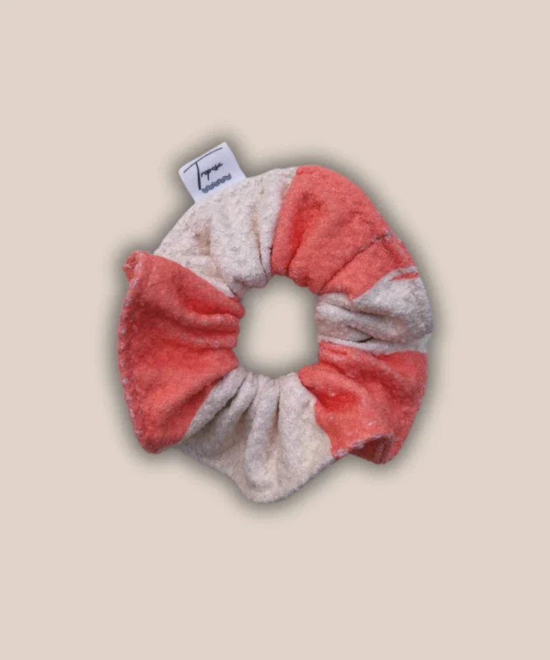 Chouchou upcyclé – Rayé corail vif et crème - Charlie - Image 3