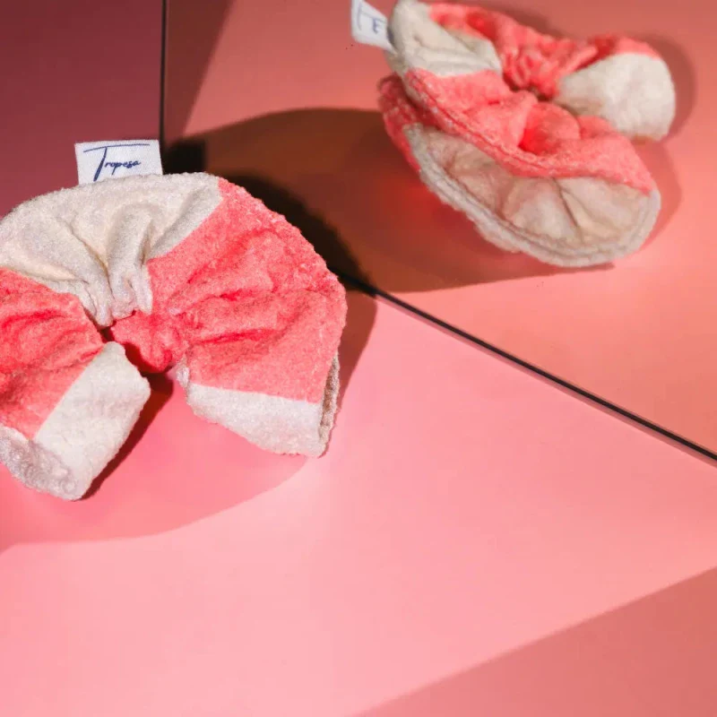 Chouchou upcyclé – Rayé corail vif et crème - Charlie - Image 7