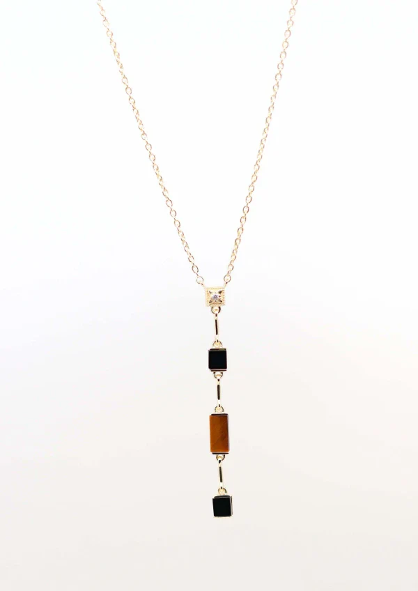 Collier doré en Y avec Oeil de tigre et Onyx noir I Louisette - Image 2