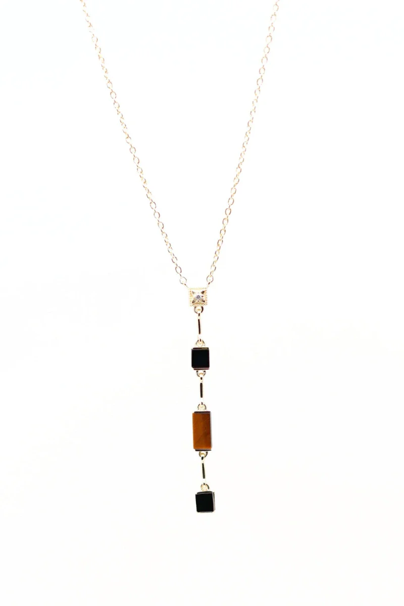 Collier doré en Y avec Oeil de tigre et Onyx noir I Louisette - Image 3