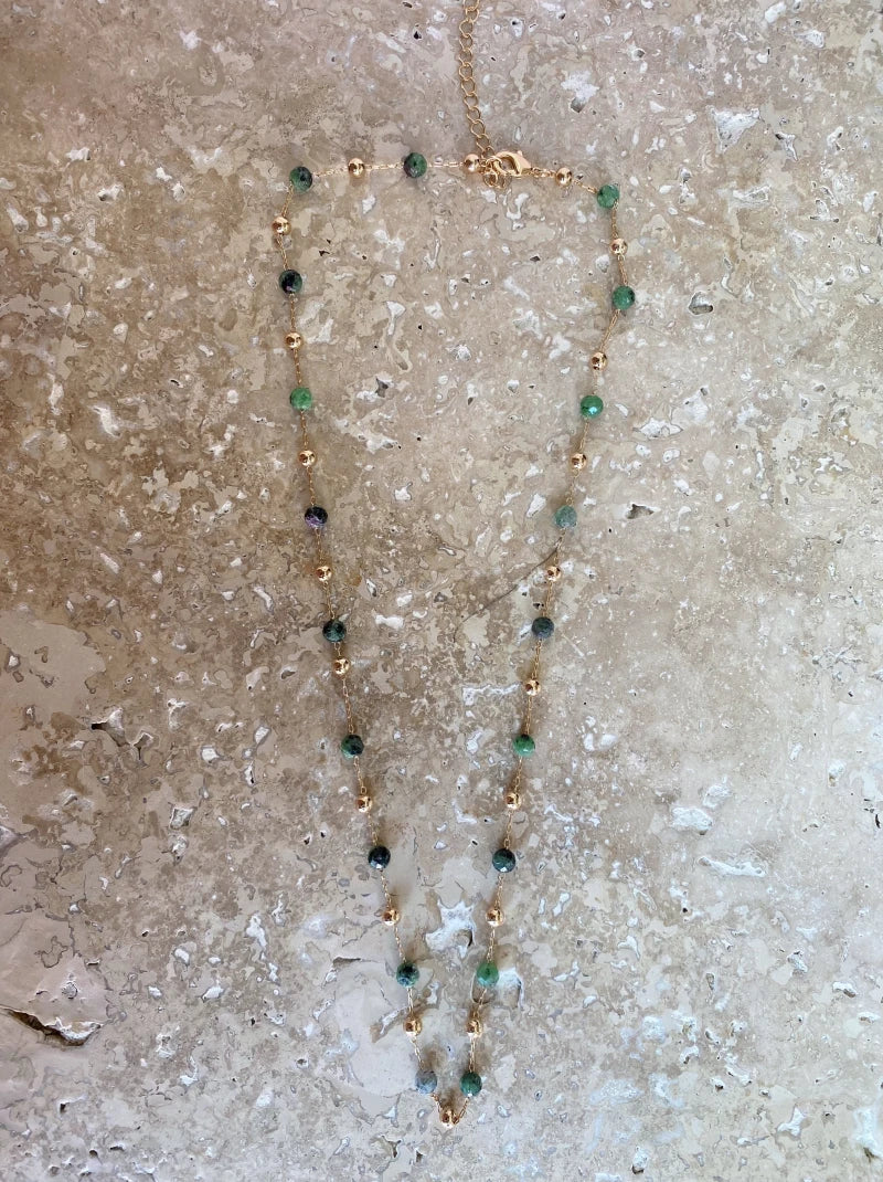 Collier en Laiton Plaqué Or Bulles Vertes - Rubis Zoisite - Image 2