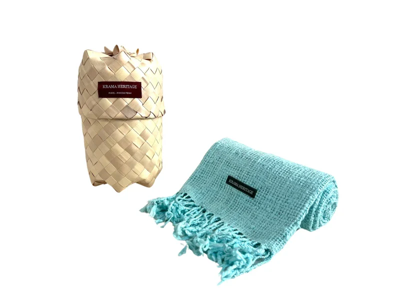 Écharpe en coton avec écrin en palmier tressé - Cyan - Image 3