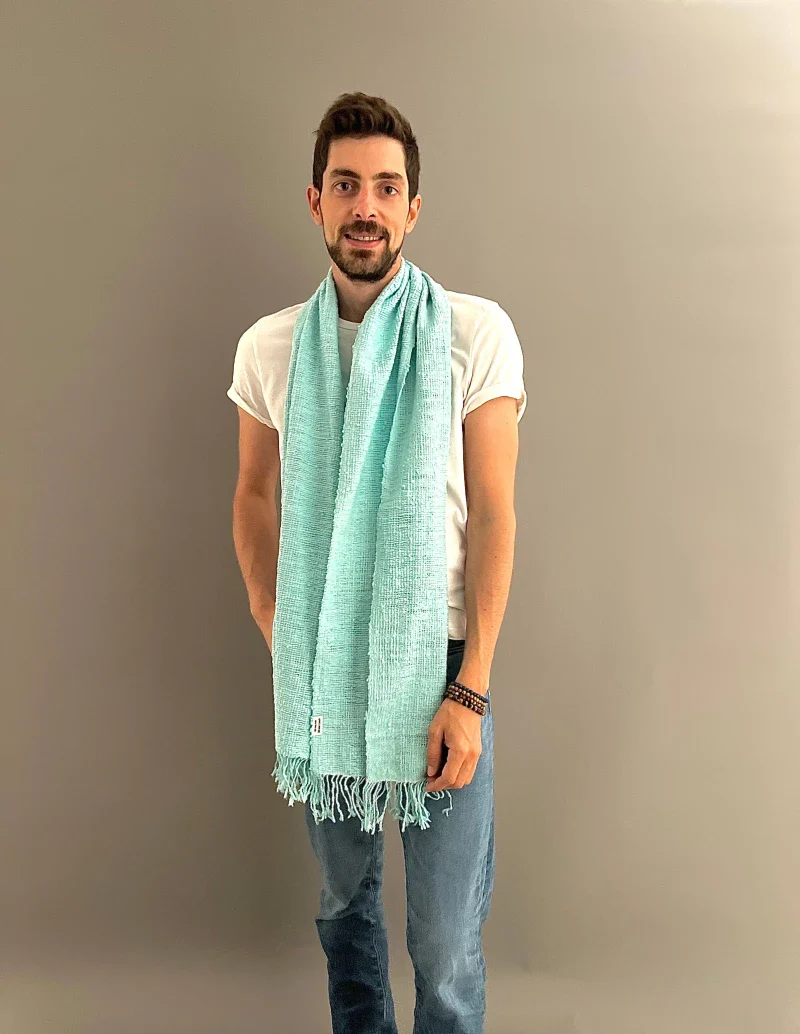 Écharpe en coton avec écrin en palmier tressé - Cyan - Image 7