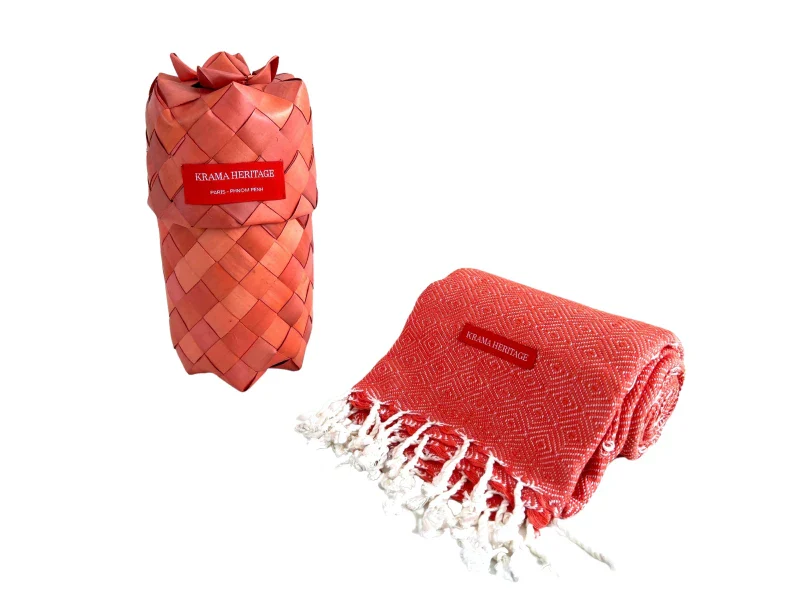 Écharpe en coton avec écrin en palmier tressé - Orange Corail - Image 2