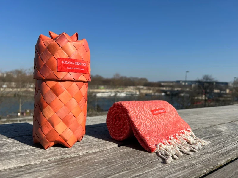 Écharpe en coton avec écrin en palmier tressé - Orange Corail - Image 9