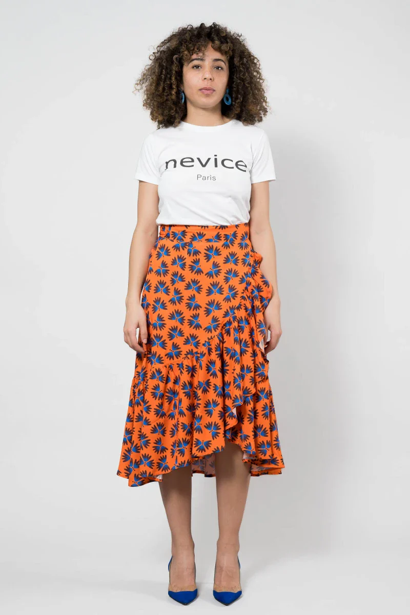 Ensemble Top et jupe asymétrique - Orange à motifs floraux bleue - Image 2