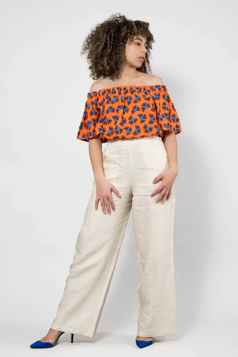 Ensemble Top et jupe asymétrique - Orange à motifs floraux bleue - Image 3