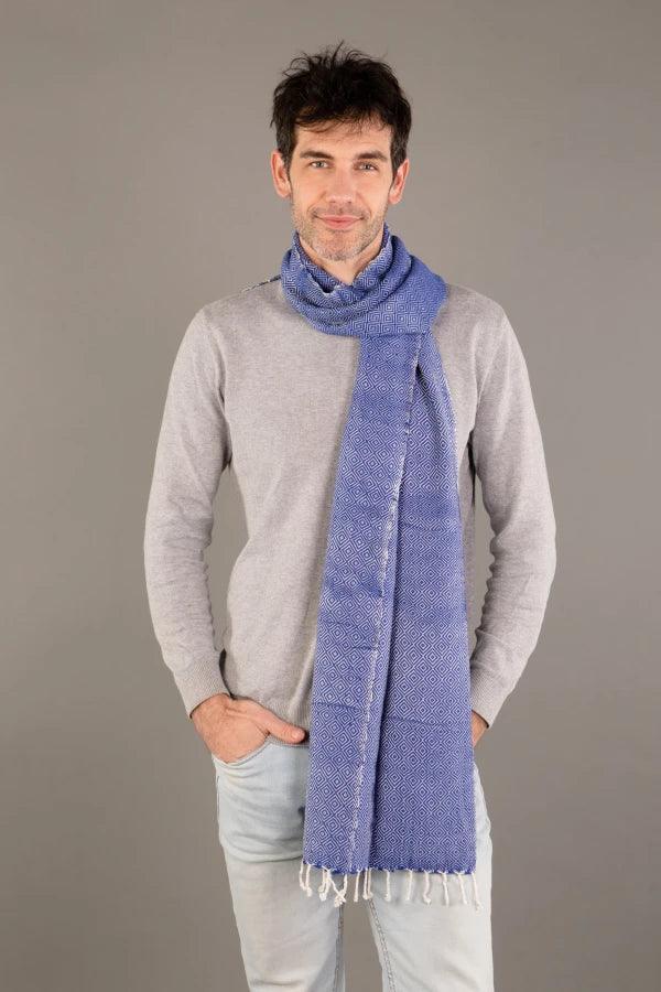 Grande écharpe bleu roi coton pour homme - Grand Krama chaud - Image 3