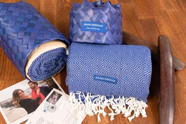 Grande écharpe bleu roi coton pour homme - Grand Krama chaud - Image 4