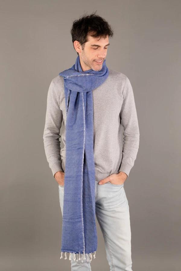 Grande écharpe bleu roi coton pour homme - Grand Krama chaud - Image 5