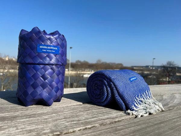 Grande écharpe bleu roi coton pour homme - Grand Krama chaud - Image 6