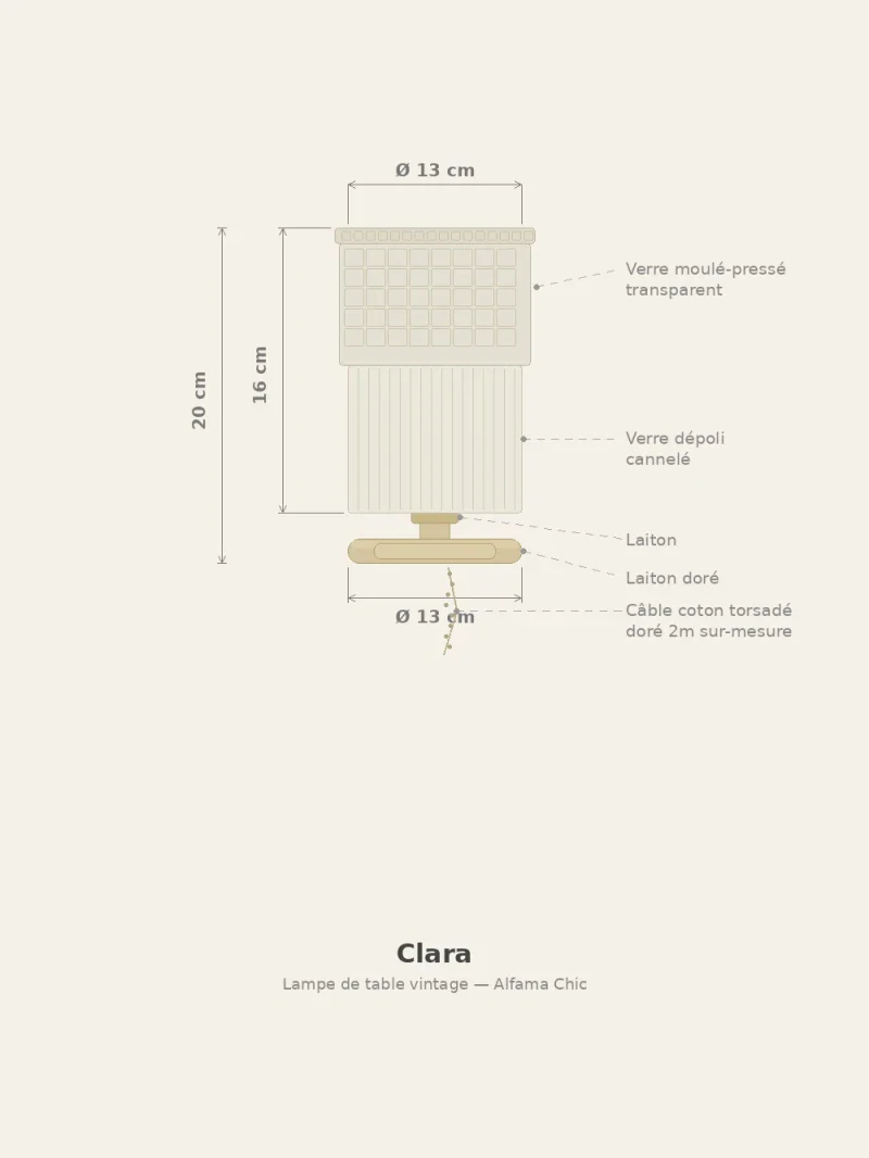 Lampe a poser - Globe en verre Vintage ciselé et Base en laiton - Clara - Image 10