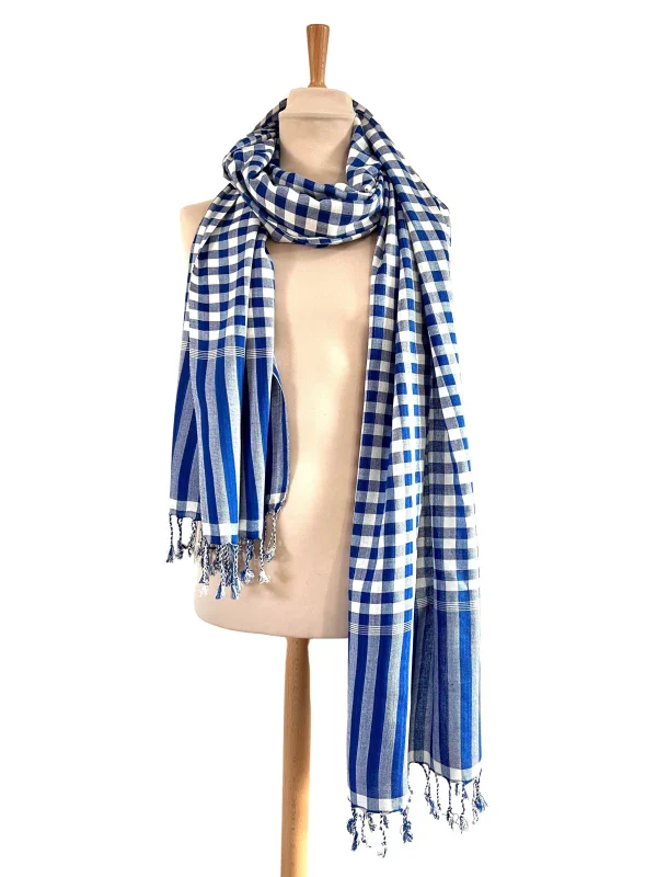 Écharpe vichy bleue en coton - Le grand krama - Image 3