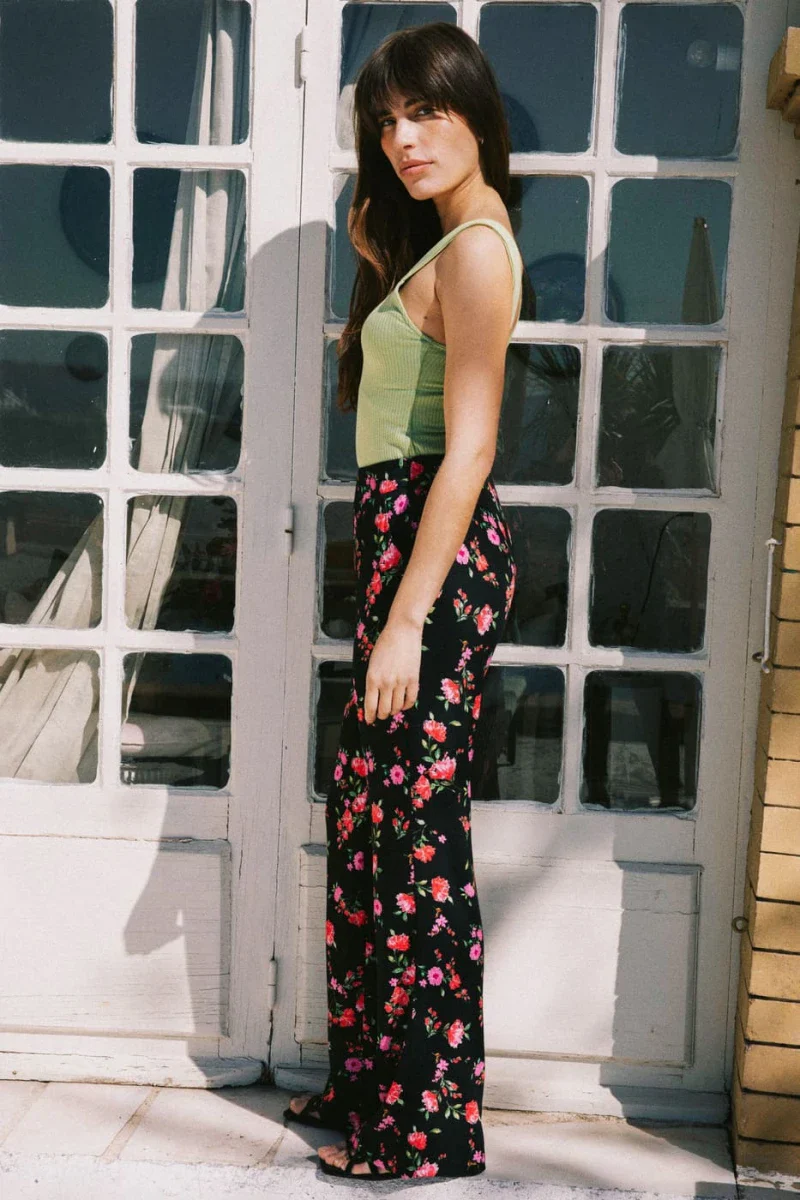 Pantalon taille haute noir imprimé floral - Tamier - Image 2