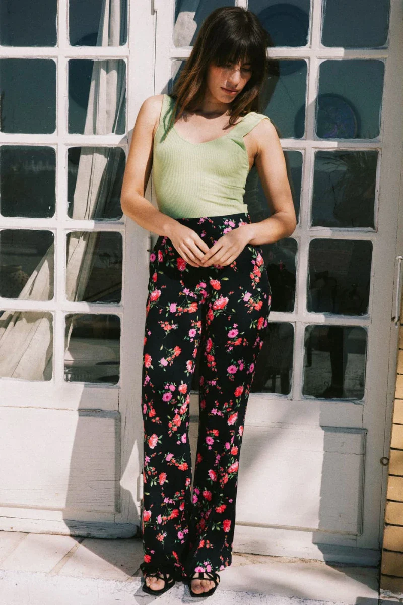 Pantalon taille haute noir imprimé floral - Tamier - Image 3