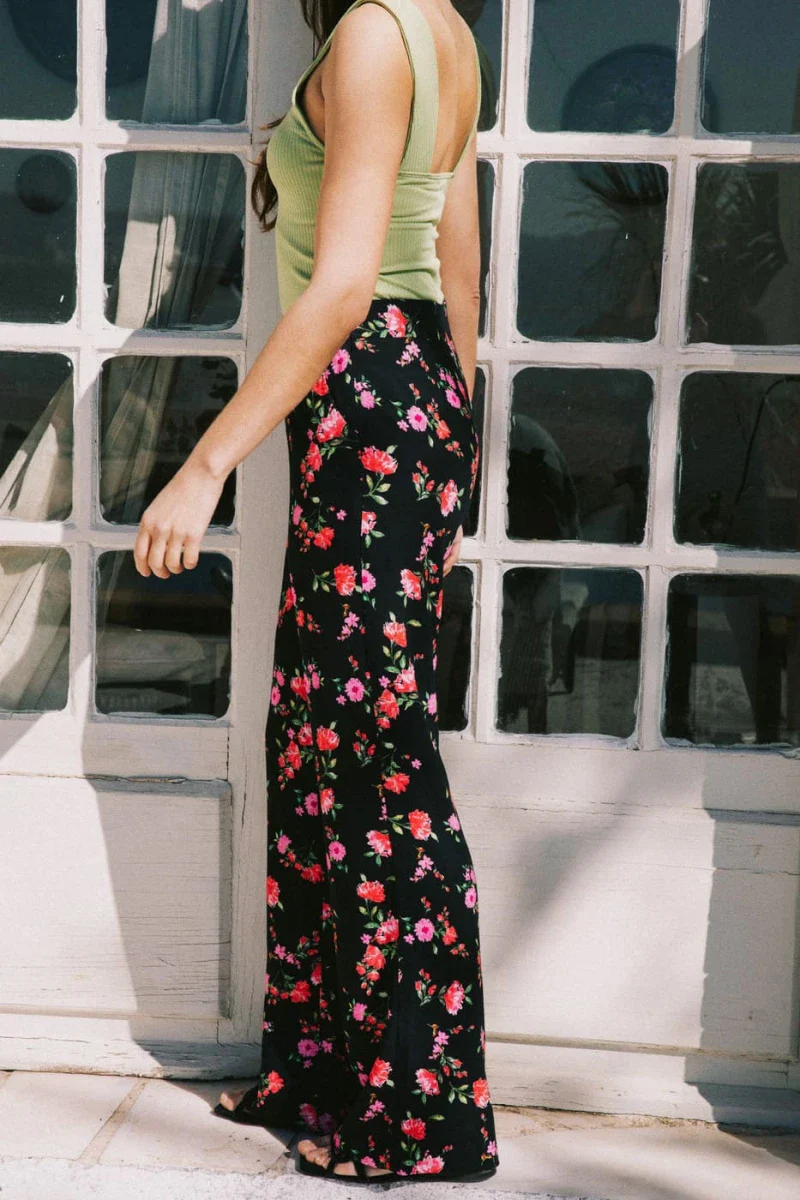 Pantalon taille haute noir imprimé floral - Tamier - Image 5