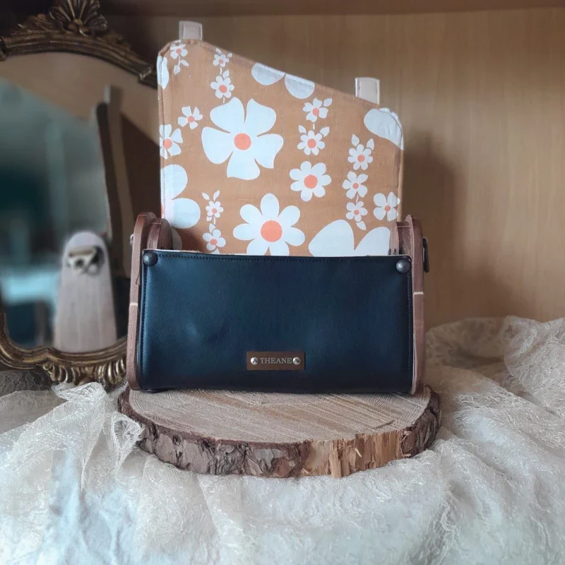 Petit sac en bois et alter-cuir de raisin noir et camel - Image 5