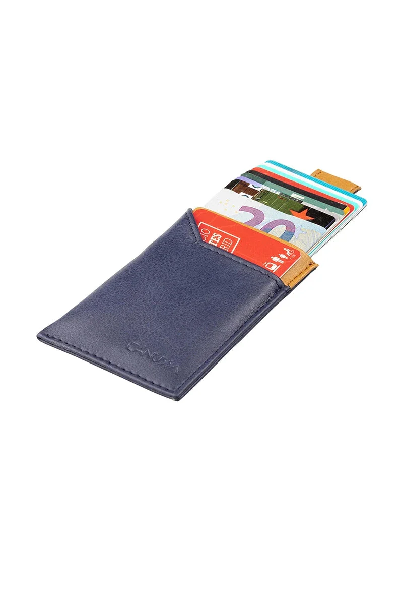 Portefeuille de cartes en cuir fait main - Bleu et marron - Image 2