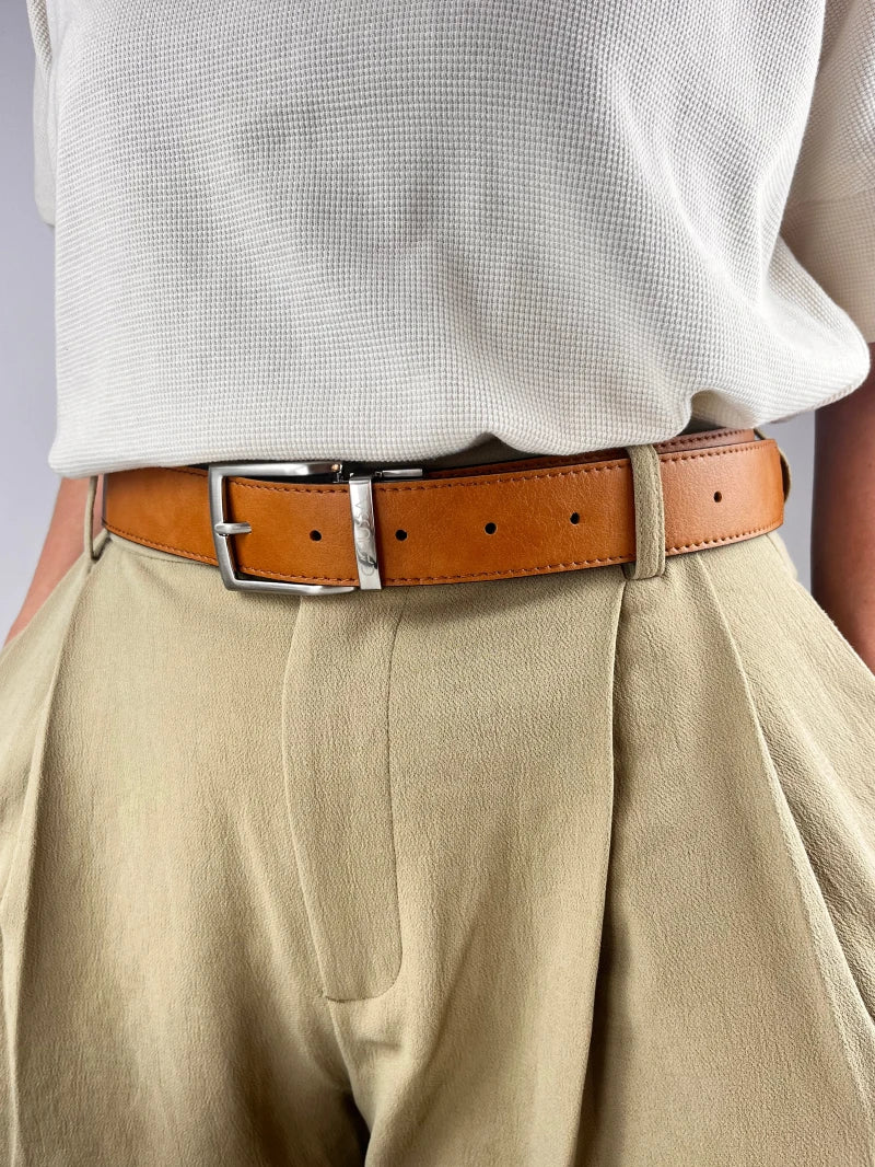 Ceinture réversible en cuir vegan - Noir & Camel - Image 2