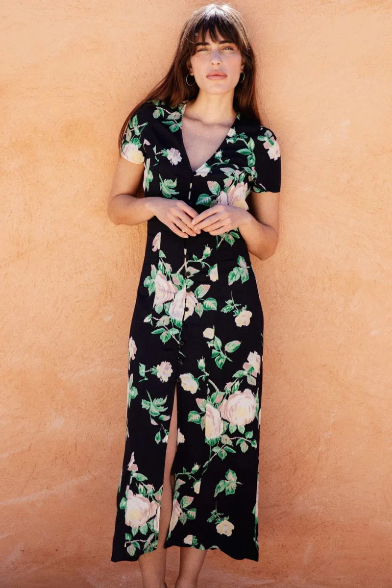 Robe noire à manches courtes imprimée floral - Saule - Image 2
