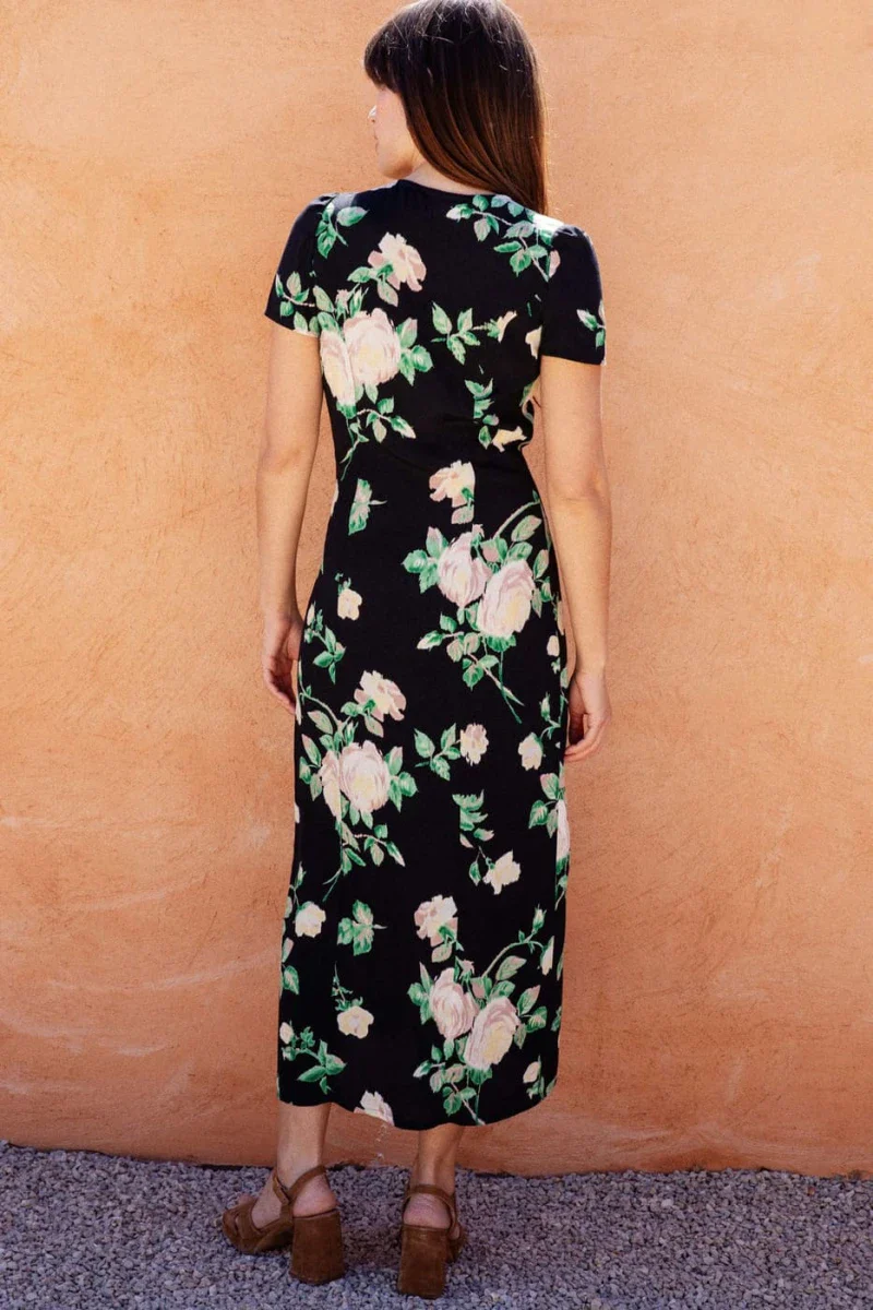 Robe noire à manches courtes imprimée floral - Saule - Image 4