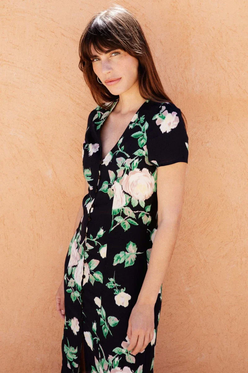 Robe noire à manches courtes imprimée floral - Saule - Image 5