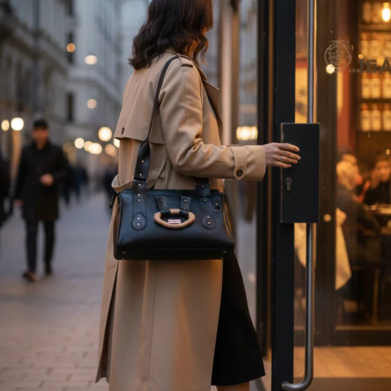 Sac à main alter-cuir de raisin noir avec poignées en bois - Image 3