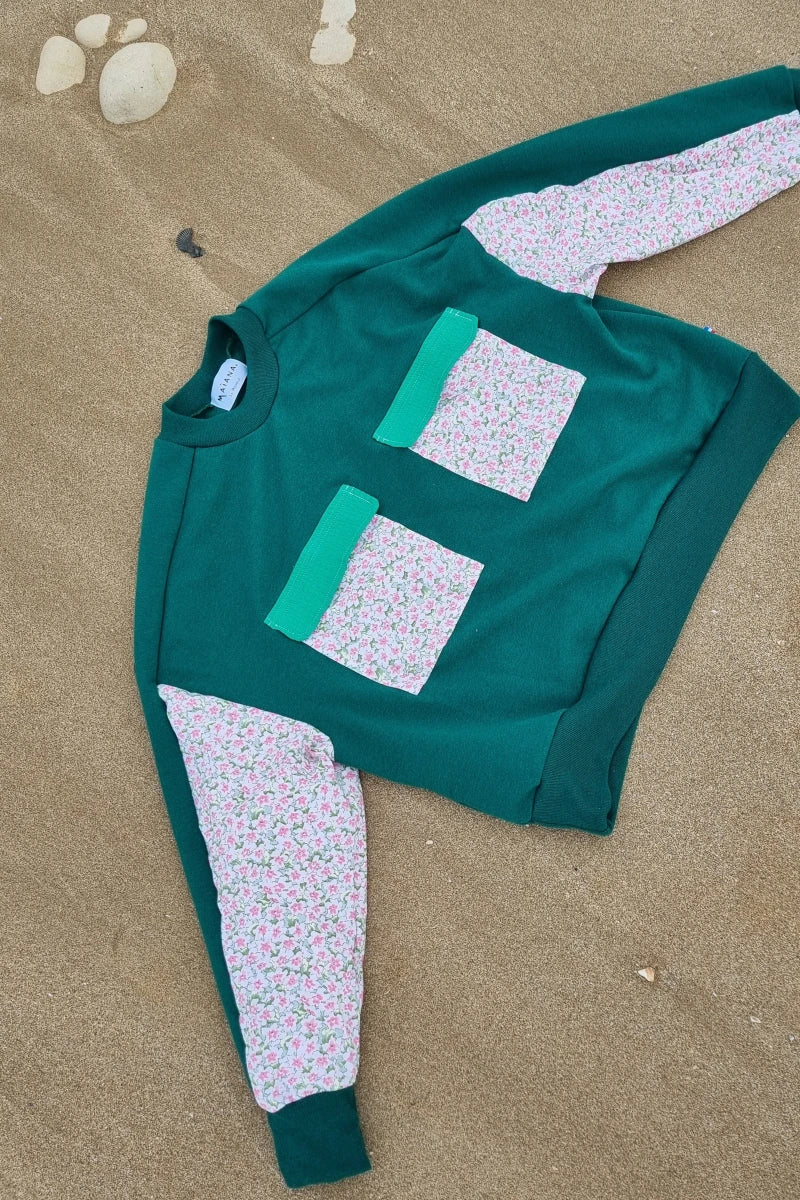 Sweat vert / fleurs rose fait main - Marguerite - Image 2