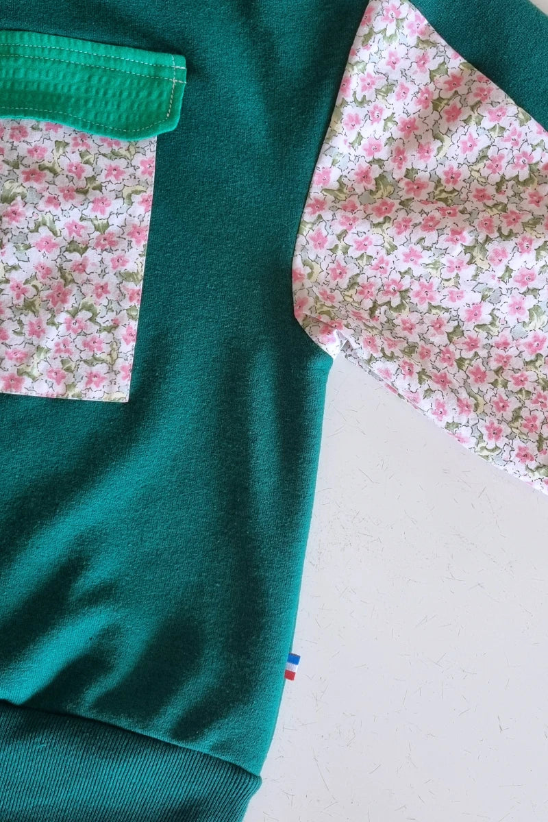 Sweat vert / fleurs rose fait main - Marguerite - Image 4