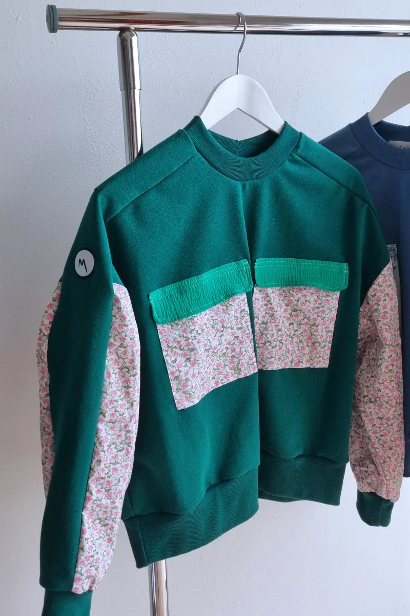 Sweat vert / fleurs rose fait main - Marguerite - Image 5